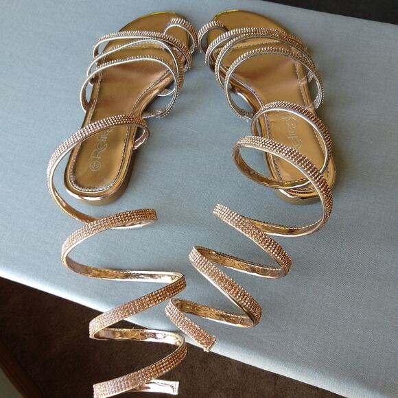 Rose Gold Gladiator Sandals size 5.5 new with imperfections spiral no tie flats - Picture 3 of 15